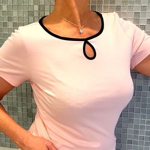 NEW Karen Scott Blush Pink T-shirt, Black Trim, Keyhole Neckline, S